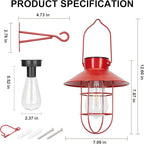 Solar Lanterns Outdoor Christmas Metal Solar Powered Hanging Lights Waterproof for Wall Barn Yard Garden Patio Garage Balcony Porch Fence Decor, Warm White Edison Bulb (Red-2pack)