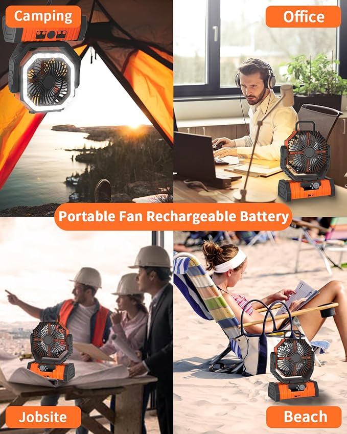 ADUST Camping Fan - 20000mAh Battery Powered Fan Battery Operated Rechargeable Portable Outdoor Tent Fans with Hanging Hook, Cordless, 4 Speeds, Remote Control - Orange