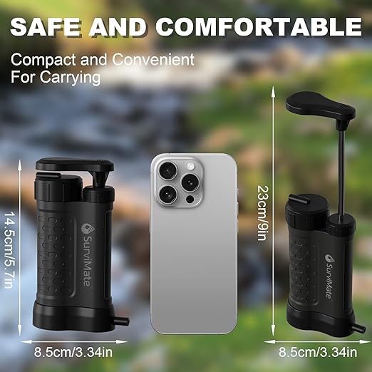SurviMate Water Purifier Survival Pump，0.01 Micron 5-Stage Water Purifier System，Hand Pump Water Filter Portable Outdoor Emergency，Camping, Hiking, Backpacking