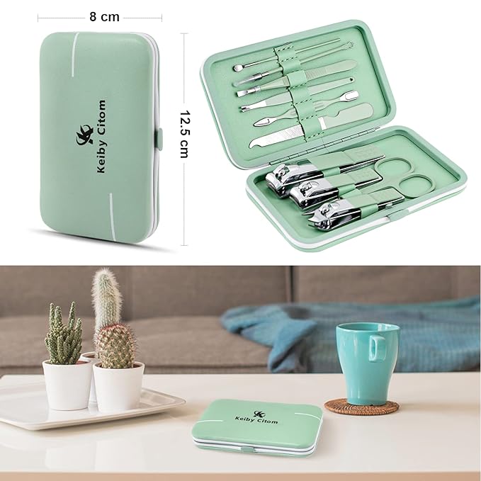 Manicure Set, Travel Mini Nail Clippers Kit Pedicure Care Tools, 10pcs Stainless Steel Grooming kit (Green)
