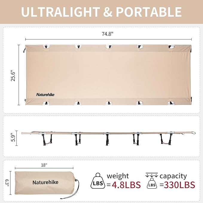 Naturehike Ultralight Camping Cot, Easy to Assemble Folding Tent Cot, Compact & Protable Camping Bed for Camping, Mountaineering, & Hiking, Supports 330lbs with Carry Bag, Kahki