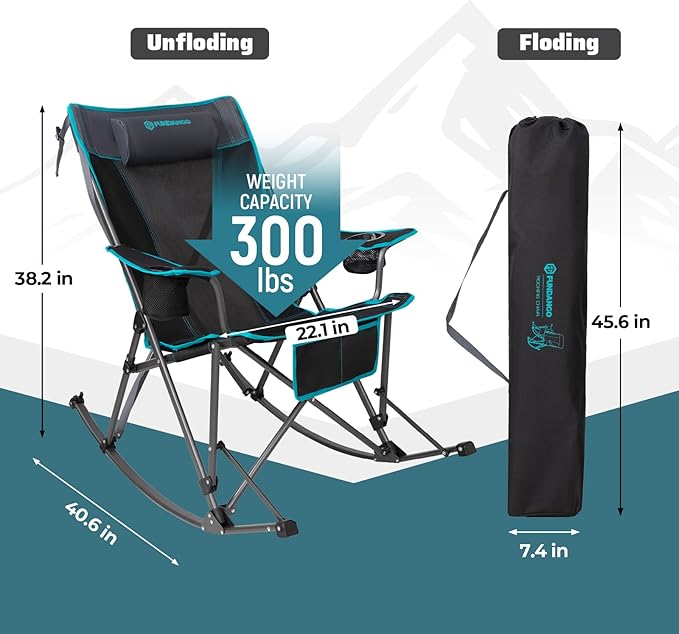 FUNDANGO Rocking Camping Chair, High Mesh Back Portable Folding Camp Chairs with Pillows, Cup Holder and Carry Bag for Lawn Patio Garden Outdoor Supports 300 Lbs (Black/Blue)