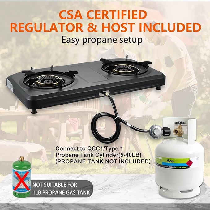 Propane Stove 2 Burner Gas Stove Top, 27200 BTU High-Efficiency LPG Metal Cooktop With Auto Ignition, CSA Regulator and Hose, Perfect for Outdoor Kitchen, Camping, RV & Emergency Cooking