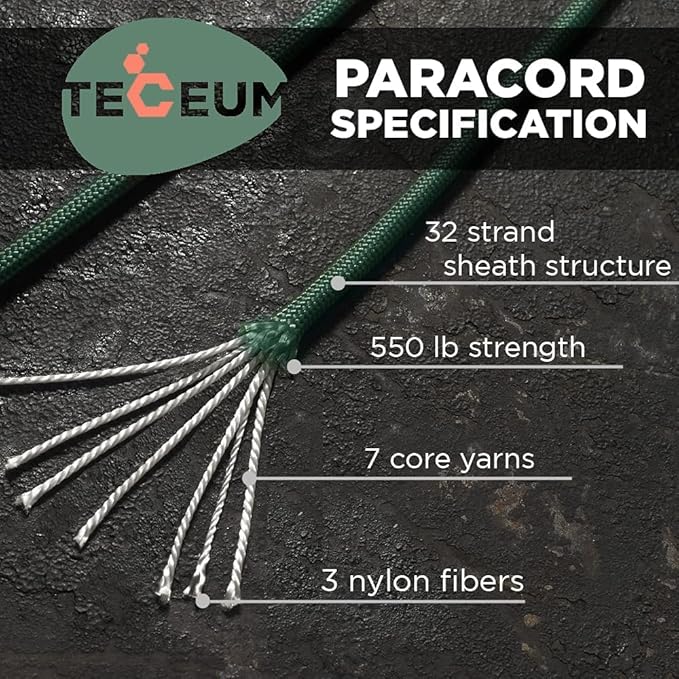 TECEUM 5/32" Paracord Rope 1000 – 1000ft / 200ft / 100ft / 50ft – Tactical Parachute Cord 4mm – 45+ Colors – Nylon String for Survival & Camping Gear – Stripe Cord for Survival – Utility Rope