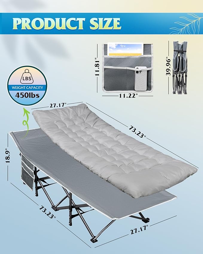 WLIVE 1200D Double Layer Oxford Camping Cots for Adults, Folding Cots for Sleeping with Mattress, Outdoor Folding Bed with Carry Bag, Portable Camping Bed for Sleeping, Resting, Camping, Greige