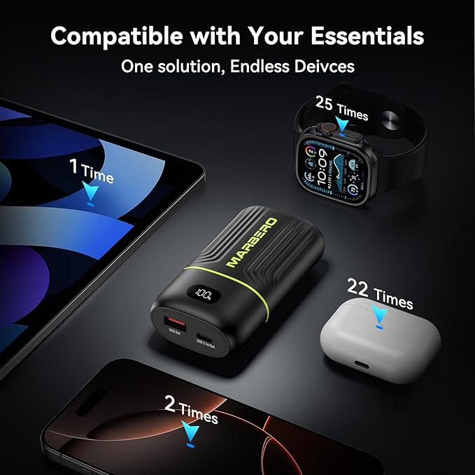 MARBERO Portable Charger 10000mAh Mini Power Bank USB C in&out Fast Charging Battery Pack Compact External Phone Powerbank Compatible with iPhone 16 15 14 13 12 Samsung S22 S21 Google AirPods iPad etc