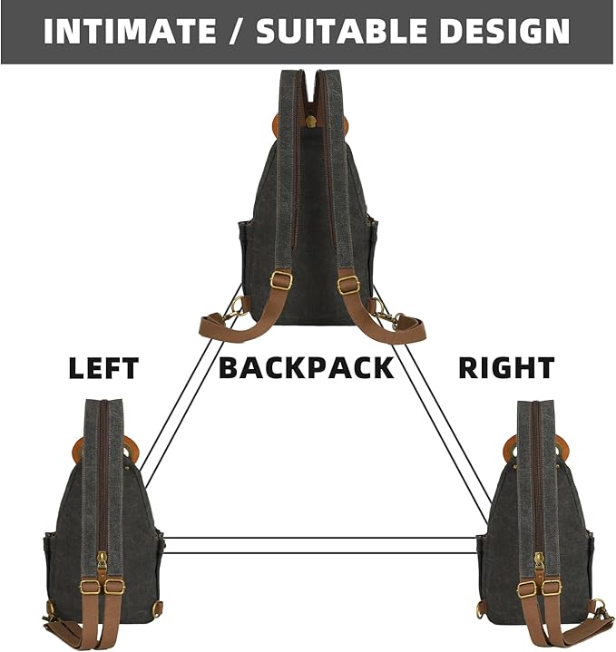 KouLi Buir Canvas Sling bag,Small Crossbody Backpack,Convertible Chest Bag Casual Daypack For Outdoor Cycling Hiking Travel (B3611-Black-N)