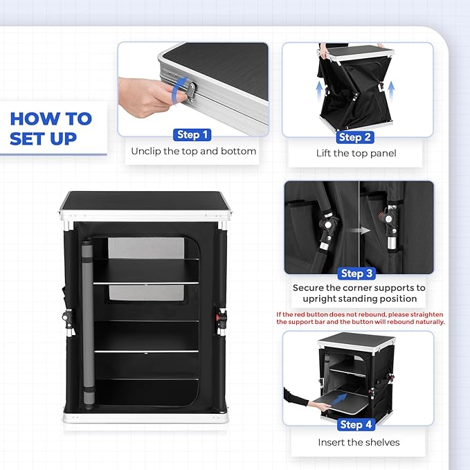 EAGLE PEAK Outdoor Folding Camping Table with Large 3-Tier Storage Organizer and Side Pockets, Easy Set Up Portable Aluminum Camping Kitchen, Black
