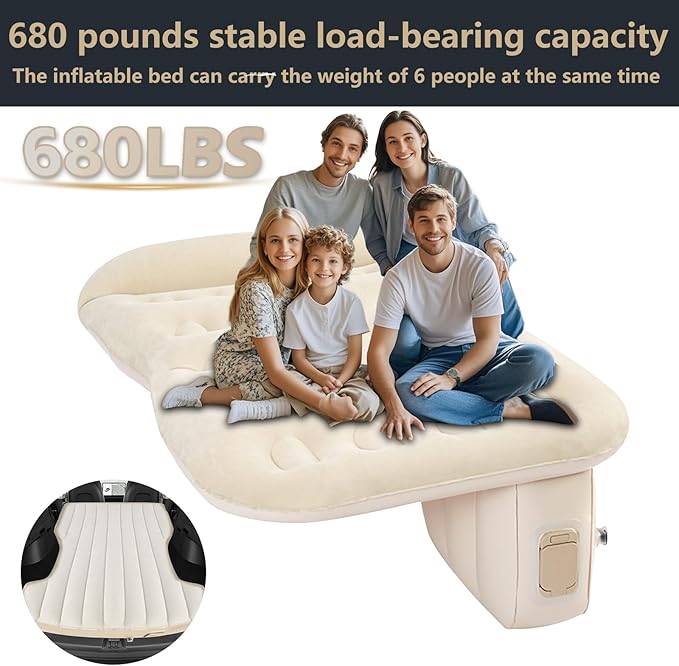 Self-Inflating SUV Air Mattress Back Seat with Built-in Pump - Portable Air Couch for Car Camping Travel, Flocking Surface, Fast Inflation Deflation, Beige Brown