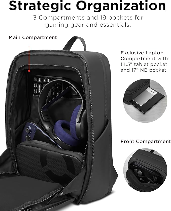Lenovo Legion Gaming Laptop Backpack GB800, 21L Capacity, Fits 17-inch Laptops, Water Resistant, Three Main Compartments & 19 Specialiized Pockets, Light Grey