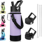 BJPKPK Insulated Water Bottle with Straw Lid, 22oz Thermo Water Bottles with 3 Lids, Paracord Handle & Non-slip Boot, BPA Free Leak Proof Stainless Steel Tumblers,Lavender