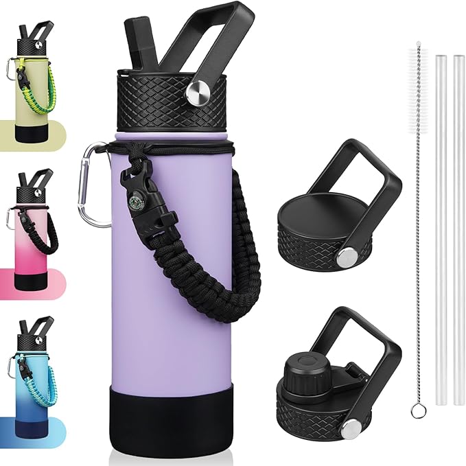 BJPKPK Insulated Water Bottle with Straw Lid, 22oz Thermo Water Bottles with 3 Lids, Paracord Handle & Non-slip Boot, BPA Free Leak Proof Stainless Steel Tumblers,Lavender