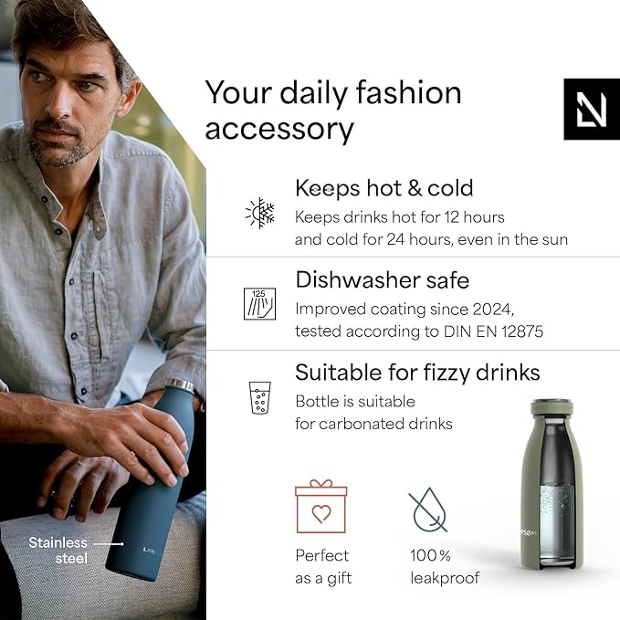 LARS NYSØM Stainless Steel Insulated Water Bottle 12oz 17oz 25oz 34oz 51oz | Insulated Thermo Flask for Hot and Cold Beverages | Leakproof Drinking Bottle (Sage Green, 11.9oz)