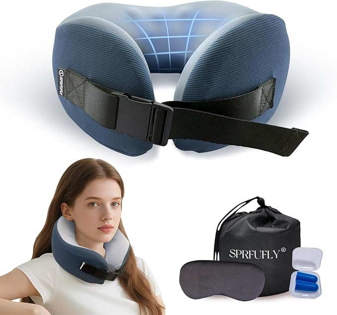 SPRFUFLY Neck Pillow for Traveling, Airplane Pillow with Sleep Mask and Ear Plugs, Breathable Removable Cover & Ergonomic Design - Essentials Travel Pillow for Airplane/Car Road Trip(Azure Blue)