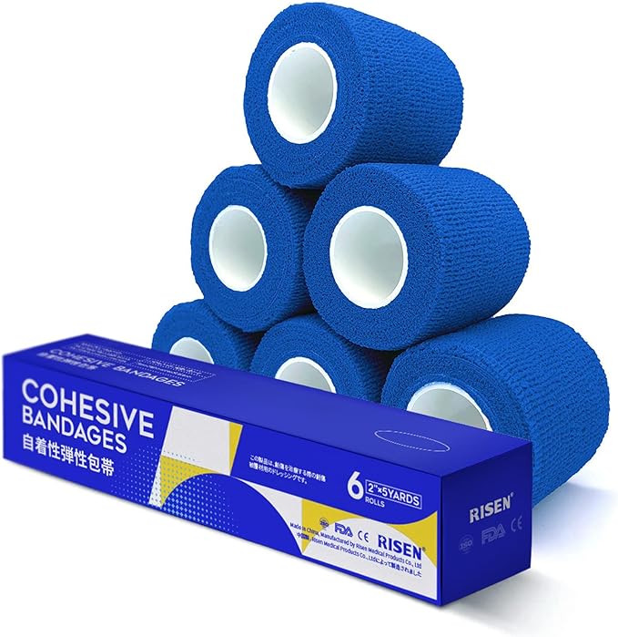 RISEN Cohesive Bandage 2” x 5 Yards, 6 Rolls, Self Adherent Wrap Medical Tape, Adhesive Flexible Breathable First Aid Gauze Ideal for Stretch Athletic