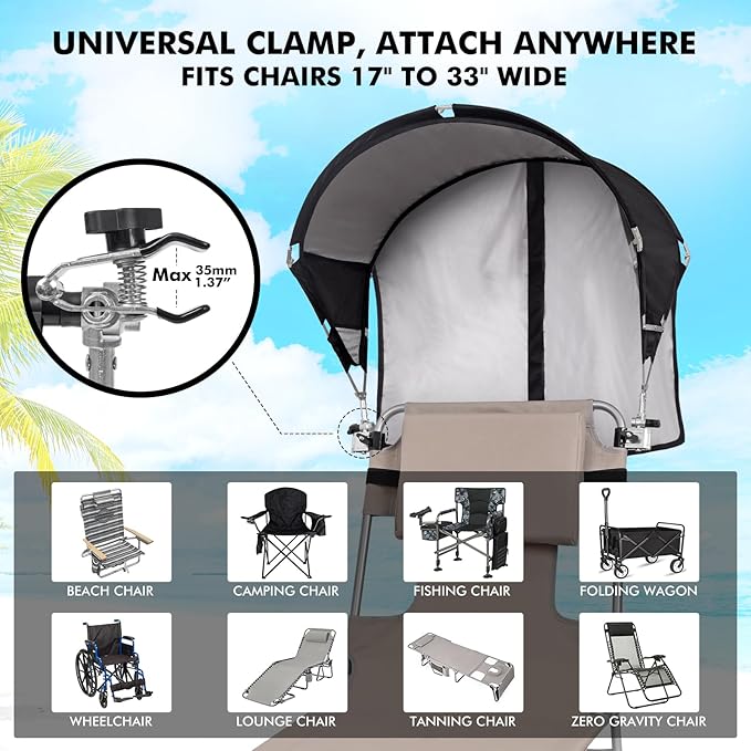 Universal Chair Umbrella Canopy, UPF 50+ Sun Shade with Adjustable Clamp, Fits Most Brands’ Beach, Camping, Lawn, Tanning, Zero Gravity, Lounge & Fishing Chairs, Patent Design