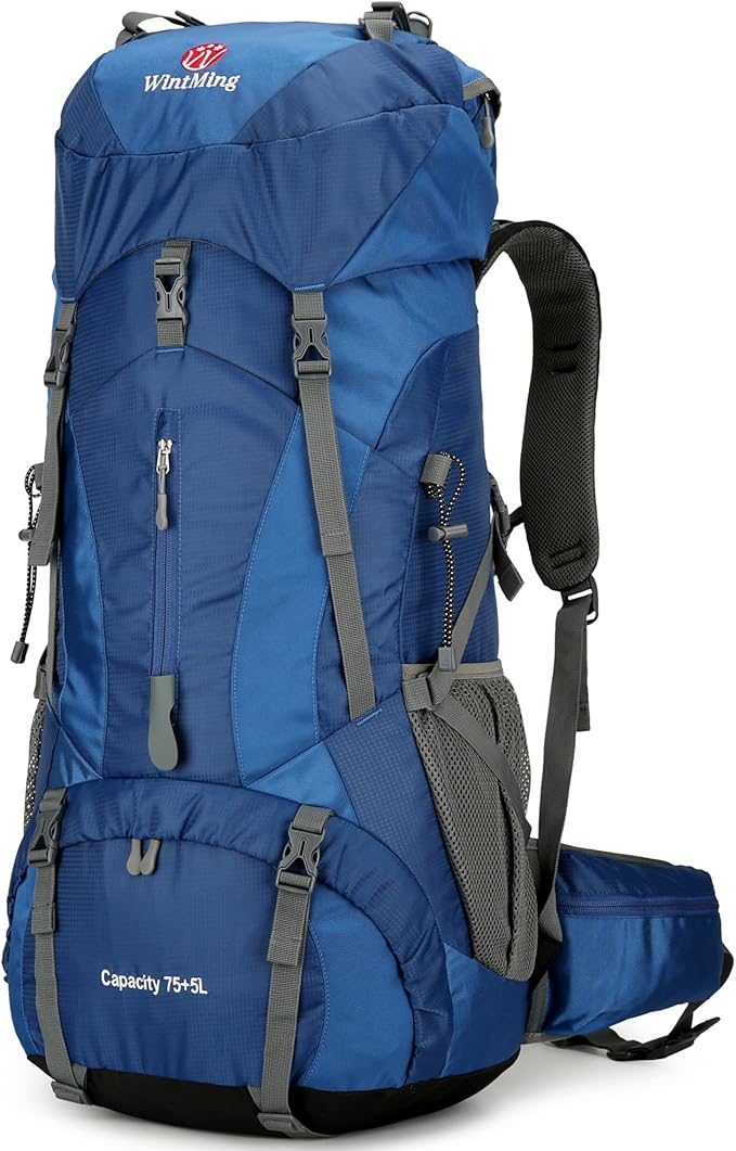 WintMing 75L Hiking Backpack with Rain Cover Waterproof Camping Backpack Shoes Warehouse for Men Women