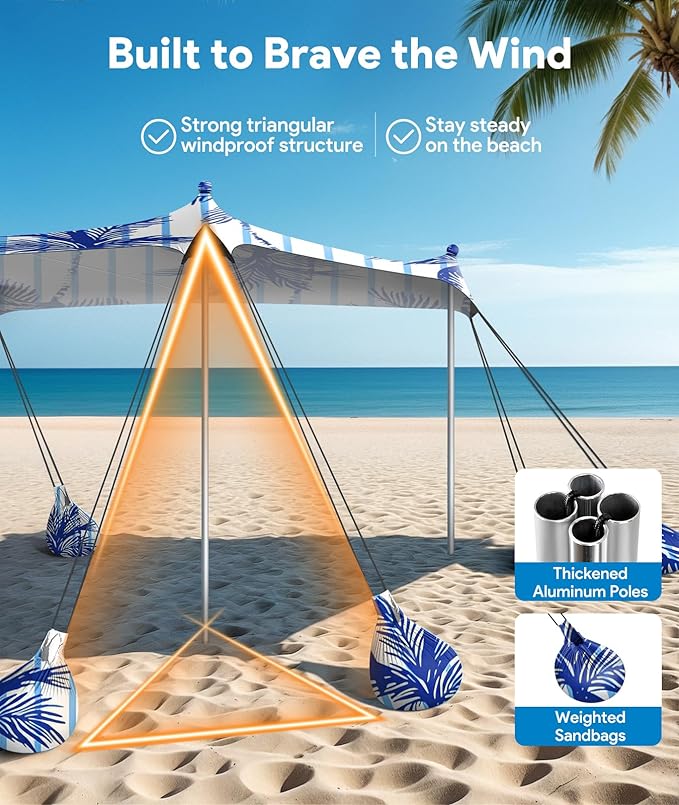 Beach Tent Sun Shelter, 10 x 10 FT Beach Canopy Tent Sun Shade, UPF50+ Tents Canopy with 8 Sandbags & 4 Stability Poles, Outdoor Tents for Camping Fishing, Coconut Tree