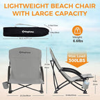 KingCamp Low Beach Chairs, Portable Folding Chair for Adults Extra Wide Ergonomic High Back Seat 300lbs Heavy Duty Lightweight Oversized Gear with Carry Bag for Outdoor Lawn Camping Picnic