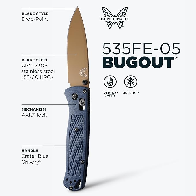 Benchmade - Bugout 535 EDC Knife with Crater Blue Grivory Handle (535FE-05)