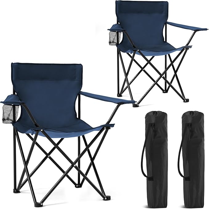 2 Pack Portable Camping Chairs Folding Lawn Chair Outdoor Lightweight Beach Chair with Cup Holder & Carry Bag for Outside Sports, Fishing, Hiking, Travel, Picnic, Backyard (Navy)