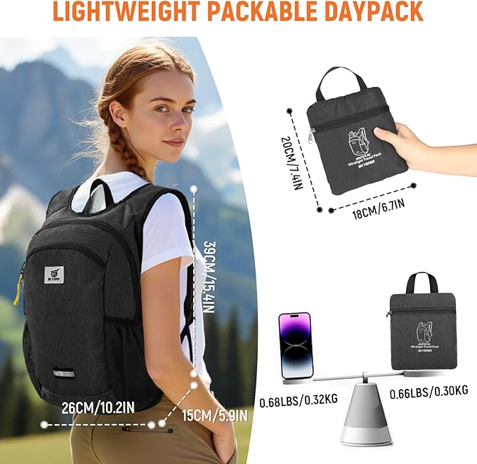 SKYSPER 10L Hiking Backpack, Foldable & Packable Lightweight Daypack for Travel, Collapsible Small Compact Hiking Backpack for Women & Men, Black