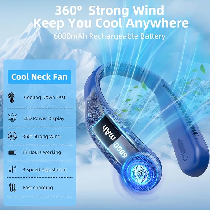Portable Neck Fan,Hands Free Personal Wearable Bladeless Fan,6000mAh USB Rechargeable,360° Cooling,LED Display,4-Speeds,Birthday Gifts for Men Women Dad Mom,Outdoor Indoor Travel Camping (Navy)