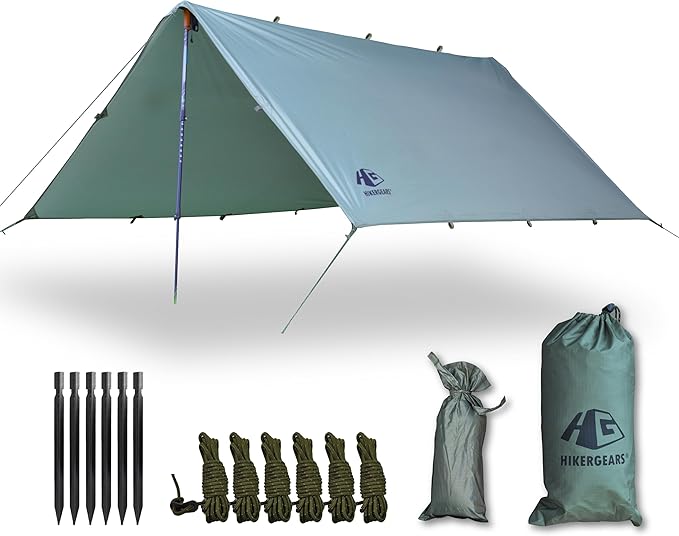 Camping Tarp 10x10 ft (3x3 m) Waterproof Lightweight Rain Fly - Backpacking, Hammock Shelter, Emergency Survival Tent, Durable, Compact All-Weather Cover