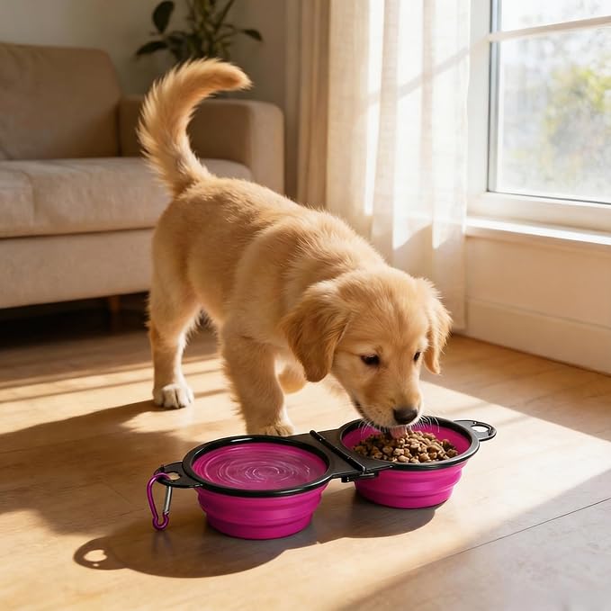 Collapsible Dog Bowls with Carabiner, Double Portable Travel Pet Bowls for Food and Water, Foldable Silicone Dog Bowl for Walking, Hiking, Camping, Small Medium Dogs and Cats，Pink
