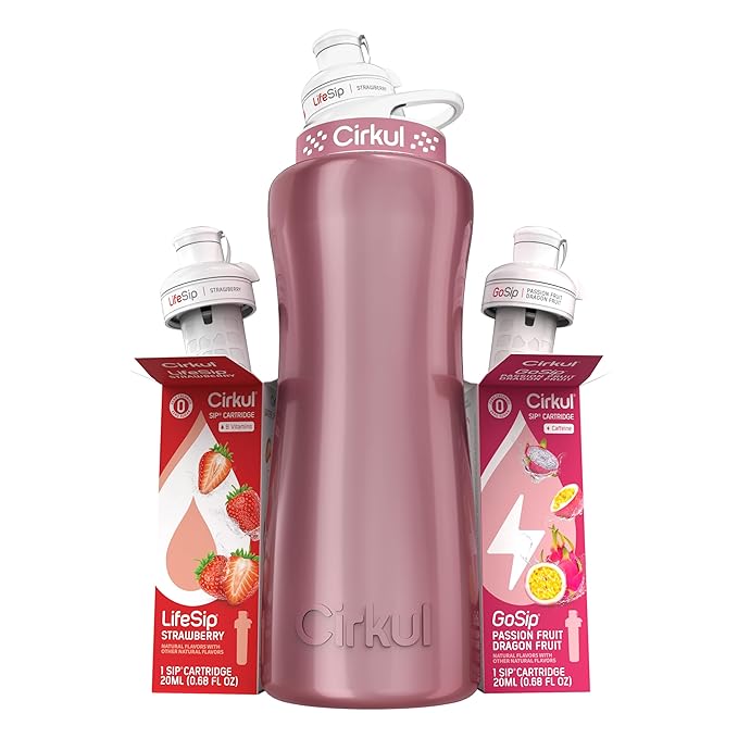 Cirkul 32oz. Rose Gold Stainless Steel Water Bottle Starter Kit with Rose Gold Lid and 2 Flavor Cartridges (1 LifeSip Strawberry, 1 GoSip Passion Fruit Dragon Fruit) No Sugar, Zero Calorie Drink Mix