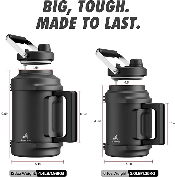 1 Gallon Insulated Water Bottle for Travel: 2-in-1 Straw Spout Lid, Dual Handle, Leakproof, Keep Cold 48H, 128oz Stainless Steel Water Jug for Gym, Biking, Road Trip, Work, Home, Picnic (Midnight)