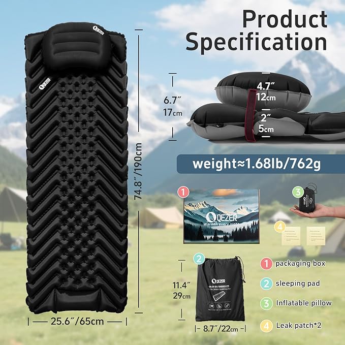 Ultralight Sleeping Pad Camping Inflatable Pillow for Camping Combo, Compact Backpacking Inflatable Sleeping Pad for Adults- Portable for Hiking, Travel - Durable & Comfortable