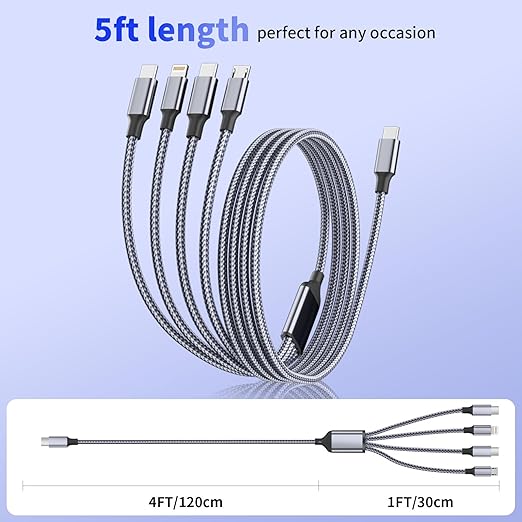 USB C Multi Charging Cable [1Pack 5FT], 4 in 1 Charging Cable Nylon Braided USB-C Multiple Charger Cord with Micro USB,IP Port and 2 Type C Adapter Port for iPhone 17/16 Series/Cell Phones and More