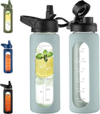 CIVAGO 24 oz Glass Water Bottle with Straw and Handle, Large Sports Motivational Water Bottle Flask with Time Marker and 2 Lids, Leakproof Jug Canteen with Silicone Sleeve for Gym, Sage