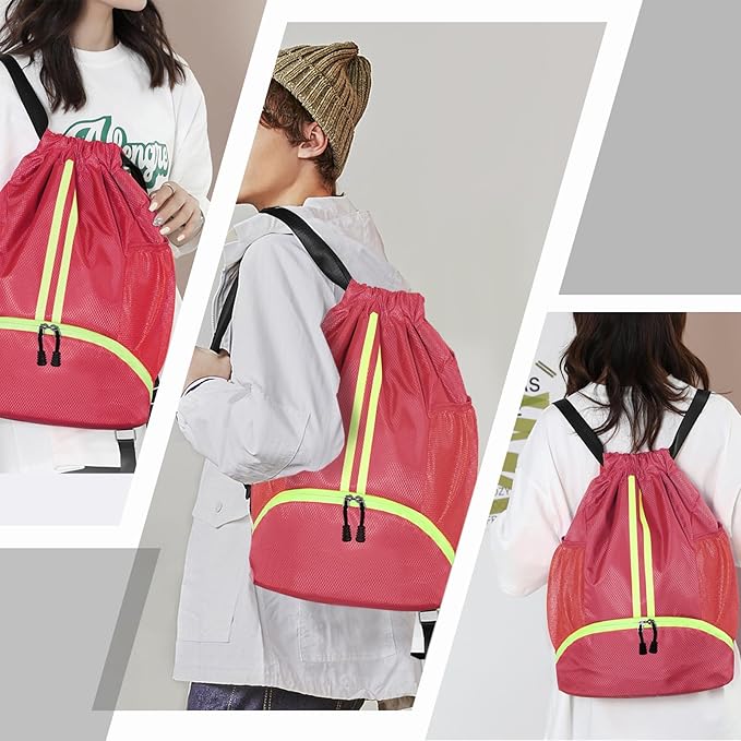 Hoedia Sports Drawstring Backpack - String Swim Gym Bag with Shoes Compartment and Wet Proof Pocket for Women/Men (Pink)