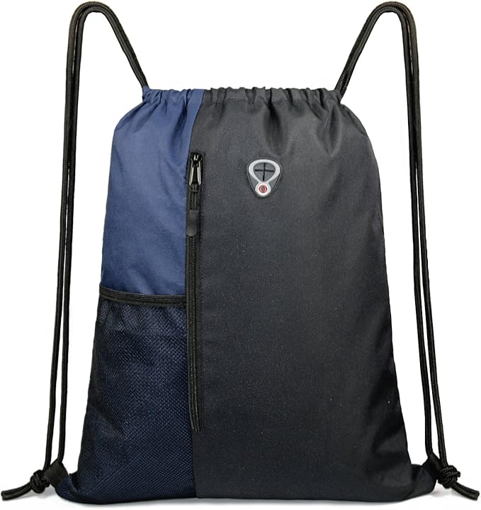 BeeGreen Drawstring Backpack Sports Gym Bag for Women Men Large Cinch Sackpack with 2 Zipper Pockets and Water Bottle Mesh Pockets Black Navy