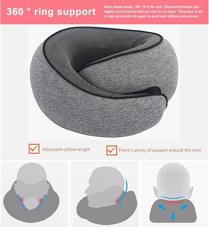 Cloud Sleep Travel Pillow｜360° Adjustable Neck Pillow for Airplane & Office｜NASA Memory Foam｜Free Eye Mask & Earplugs (Grey)