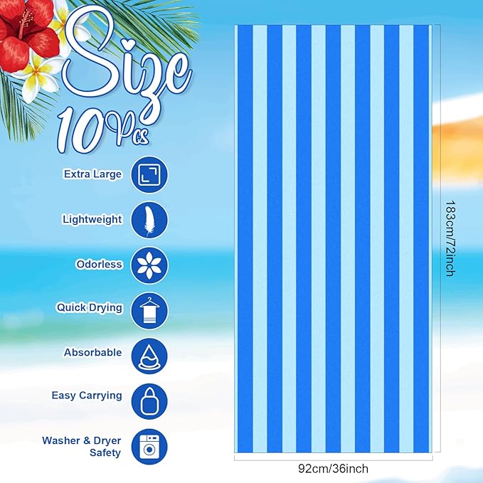 EBOOT 10 Pack Oversized Beach Towel Set Extra Large Pool Towels Microfiber Quick Dry Swim Blanket for Adult Women Men Face Hand Body Bath Travel Pool(Mixed Color,28 x 59 Inch,Fresh Stripe)