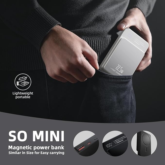 Magnetic Power Bank, 10000mAh Magnetic Portable Charger, 22.5W Wireless Power Bank, USB-C Fast Charging, LED Display Magnetic Battery Pack, Compatible for iPhone 17/16/15/14/13 Pro/Pro Max/Plus(White)