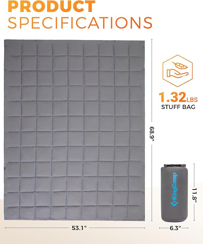 KingCamp Ultralight Camping Blanket, Packable Down Alternative Puffy Wearable Blankets Weatherproof Warm Package Quilt with Snap Buttons for Outdoor Hiking Travel Picnic Stadium (69" x 53", Charcoal)