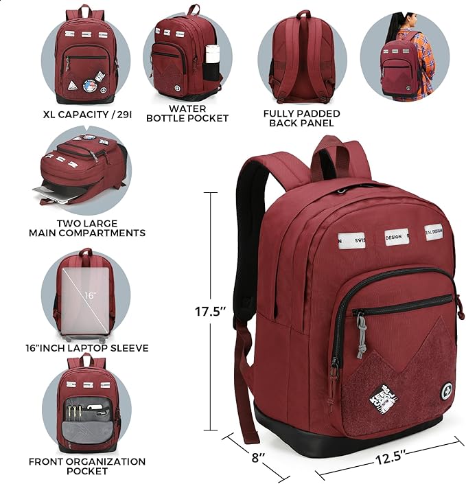 Swissdigital Design Big Student Laptop Backpack with Fun Personalized Patches For College Boy & Girl, Middle High School Teen Bookbag Cool Travel Daypack Burgundy - Includes 3 Patches | SD1718-44