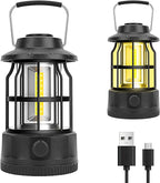 Camping Lantern Rechargeable USB Powered, Stepless Dimmer, Metal Retro Camping Light Waterproof Hanging LED Vintage Tent Lamp for Outdoor Hiking Fishing Emergency (Black)