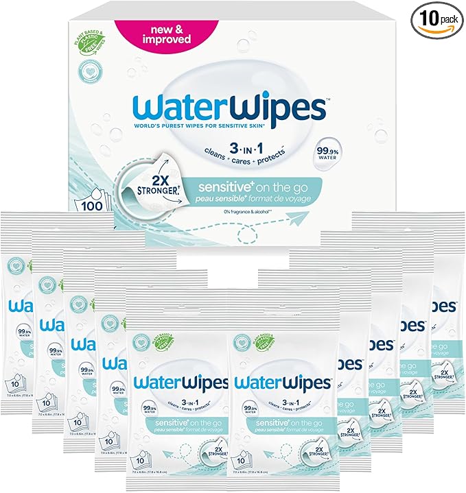 WaterWipes Sensitive+ On The Go Wipes, 3-In-1 Cleans, Cares, Protects, 99.9% Water, Unscented & Hypoallergenic Wet Wipes, 100 Count (10 Packs)