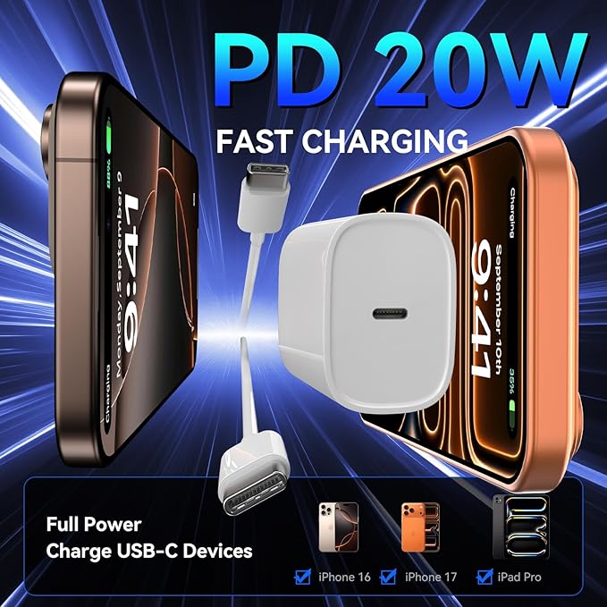 Phone 17 16 15 Pro Charger Fast Charging, 20W USB C Fast Charger Block with 6.6FT Long Type C Chargers Fast Charging Cable Cord for Phone 17/17 Pro/17 Pro Max/Air/16 Pro Max/16 Pro/15Pro Max/Pro, S24