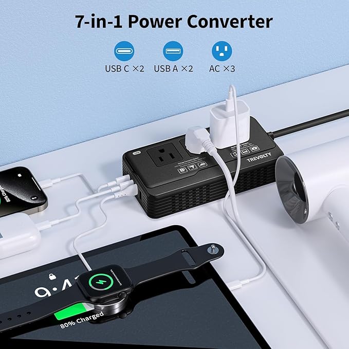2000W Voltage Converter US to Europe for Hair Dryers, 7-in-1 220V to 110V Converter for European Travel with 3 AC/2 USBA/2 USBC Ports, Universal Power Converter Adapter Combo with EU/UK/IT/AU