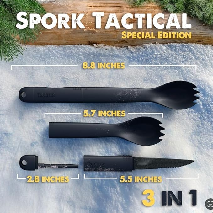 Tapirus Spork Tactical Special Edition Black | BPA Free Spoon Fork, Stainless Steel Knife and Fire Starter | 3 in 1 multipurpose utensil | Outdoor hiking, camping & backpacking gear | Fit for MRE