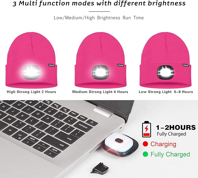 ATNKE LED Lighted Beanie Hat,USB Rechargeable 4 LED Running Headlamp Bright Cap with The Light Gifts for Men and Women