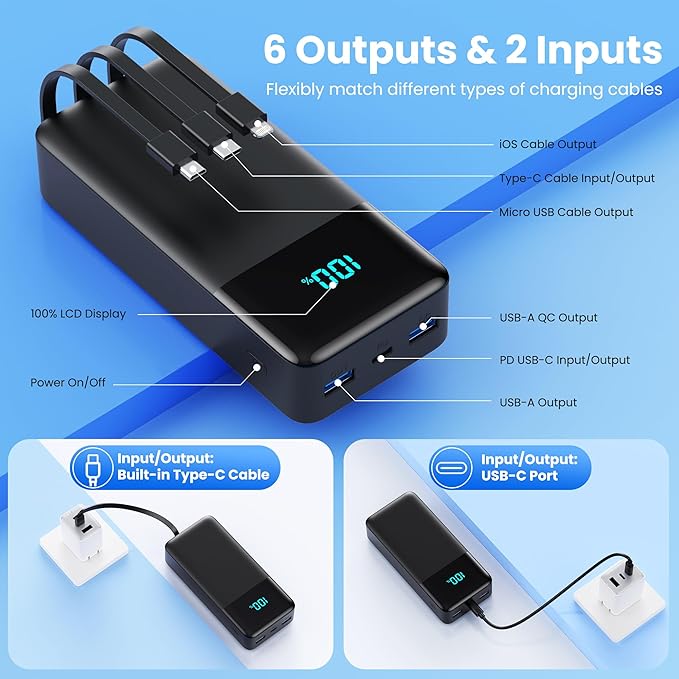 Portable Charger 50,800mAh Power Bank, 25W PD QC 4.0 Fast Charging Portable Phone Charger with Built-in Cables,LCD Display USB C Battery Pack Compatible with iPhone 16/15/14,Android Samsung