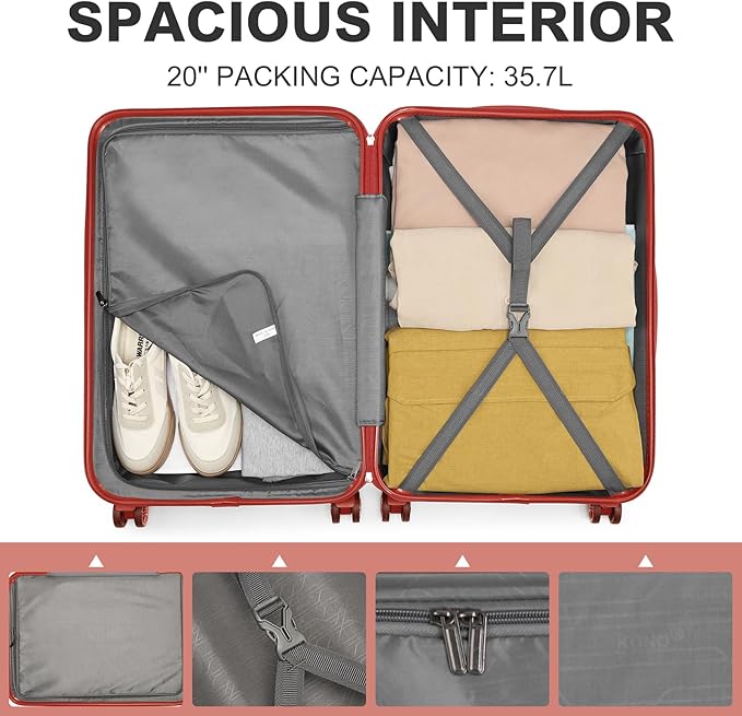 Kono 20'' Carry on Luggage Lightweight with Spinner Wheel TSA Lock Hardside Luggage Durable Small Carry on Suitcase Coral Pink