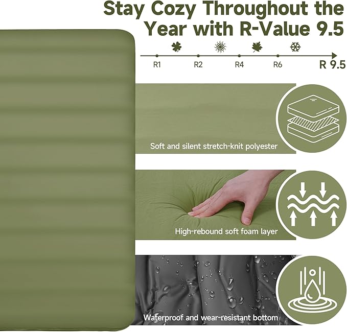 4" Thick Self-Inflating Camping Pad, Camping Sleeping Pads with Solid Foam, Sleeping Pad with Pump Sack, Compact Double Camping Sleep Bed for Tent, Car, Truck or Van (Double)